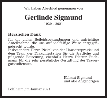 Traueranzeige von Gerlinde Sigmund von Pohlheimer Nachrichten
