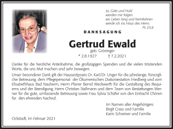 Traueranzeige von Gertrud Ewald von Wetterauer Zeitung