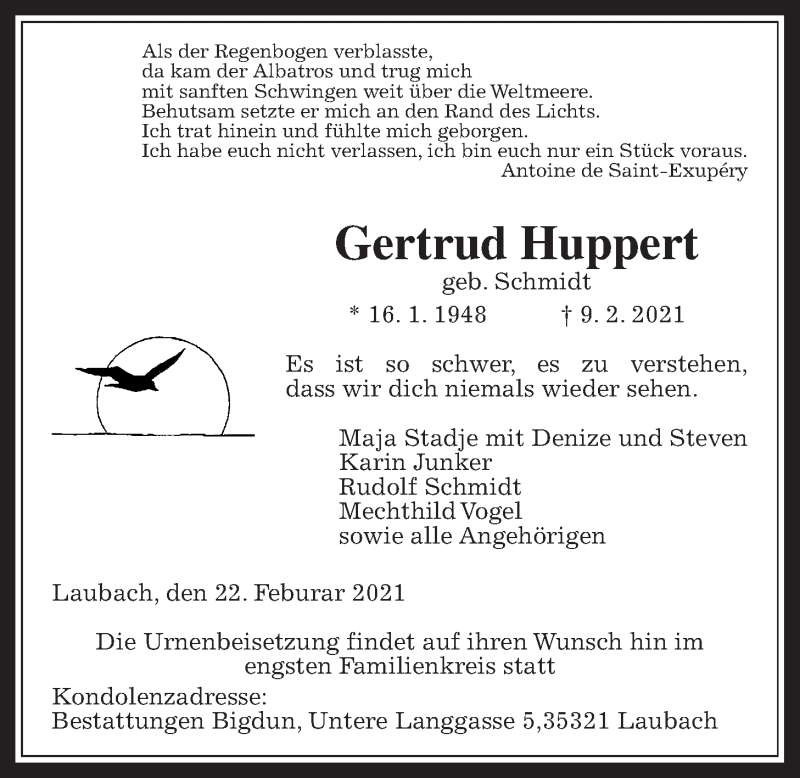  Traueranzeige für Gertrud Huppert vom 22.02.2021 aus Giessener Allgemeine, Alsfelder Allgemeine