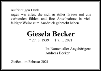 Traueranzeige von Giesela Becker von Giessener Allgemeine, Alsfelder Allgemeine