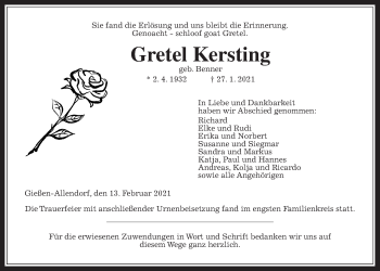 Traueranzeige von Gretel Kersting von Giessener Allgemeine, Alsfelder Allgemeine