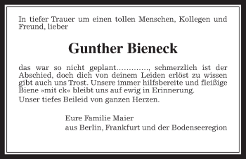 Traueranzeige von Gunther Bieneck von Giessener Allgemeine, Alsfelder Allgemeine