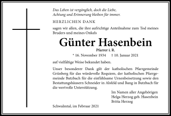 Traueranzeige von Günter Hasenbein von Giessener Allgemeine, Alsfelder Allgemeine