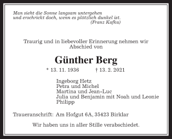 Traueranzeige von Günther Berg von Giessener Allgemeine, Alsfelder Allgemeine