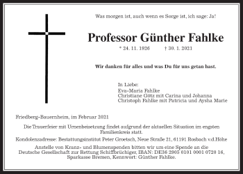 Traueranzeige von Günther Fahlke von Wetterauer Zeitung