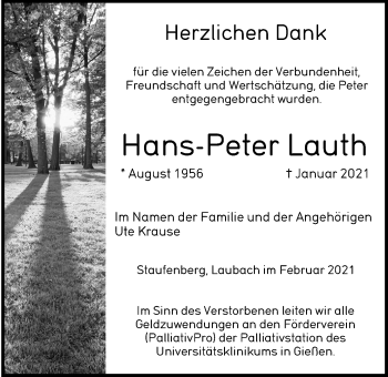 Traueranzeige von Hans-Peter Lauth von Giessener Allgemeine, Alsfelder Allgemeine