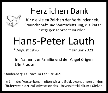 Traueranzeige von Hans-Peter Lauth von Laubacher Anzeiger