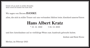 Traueranzeige von Hans Albert Kratz von Mücker Stimme