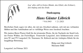 Traueranzeige von Hans Günter Löbrich von Licher Wochenblatt