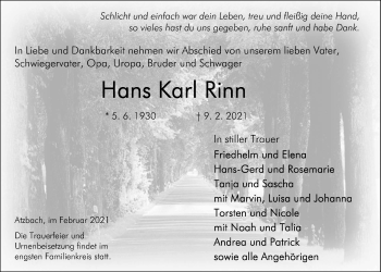 Traueranzeige von Hans Karl Rinn von Giessener Allgemeine, Alsfelder Allgemeine
