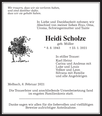 Traueranzeige von Heidi Scholze von Wetterauer Zeitung