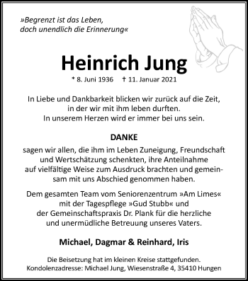 Traueranzeige von Heinrich Jung von Giessener Allgemeine, Alsfelder Allgemeine