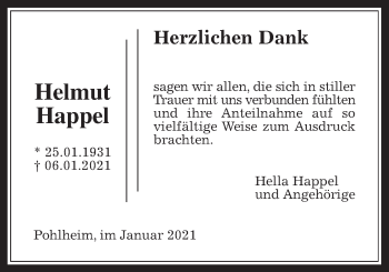 Traueranzeige von Helmut Happel von Pohlheimer Nachrichten