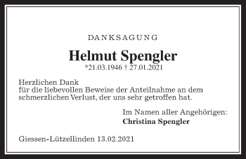 Traueranzeige von Helmut Spengler von Giessener Allgemeine, Alsfelder Allgemeine
