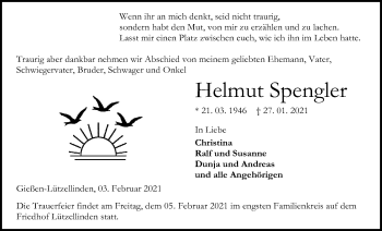 Traueranzeige von Helmut Spengler von Giessener Allgemeine, Alsfelder Allgemeine