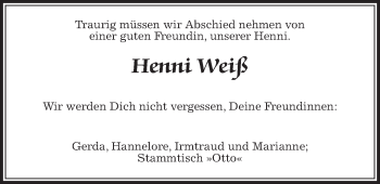 Traueranzeige von Henni Weiß von Pohlheimer Nachrichten