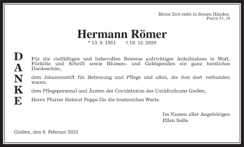 Traueranzeige von Hermann Römer von Giessener Allgemeine, Alsfelder Allgemeine