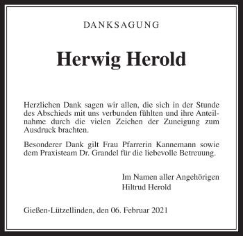 Traueranzeige von Herwig Herold von Giessener Allgemeine, Alsfelder Allgemeine