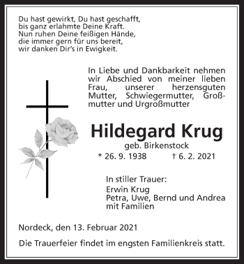 Traueranzeige von Hildegard Krug von Giessener Allgemeine, Alsfelder Allgemeine