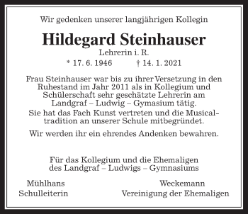 Traueranzeige von Hildegard Steinhauser von Giessener Allgemeine, Alsfelder Allgemeine