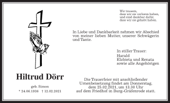Traueranzeige von Hiltrud Dörr von Wetterauer Zeitung