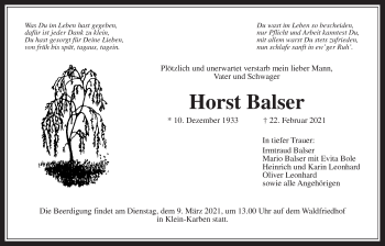 Traueranzeige von Horst Balser von Wetterauer Zeitung