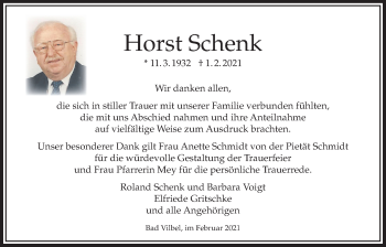 Traueranzeige von Horst Schenk von Bad Vilbel/Karben