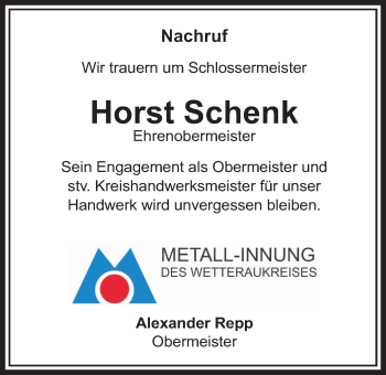 Traueranzeige von Horst Schenk von Wetterauer Zeitung