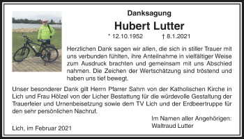 Traueranzeige von Hubert Lutter von Licher Wochenblatt