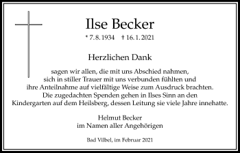 Traueranzeige von Ilse Becker von Bad Vilbel/Karben