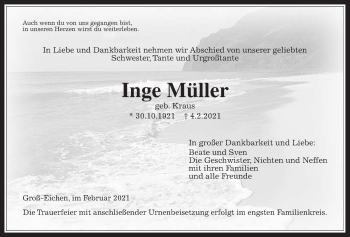 Traueranzeige von Inge Müller von Alsfelder Allgemeine, Mücker Stimme