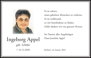 Traueranzeige von Ingeborg Appel von Bad Vilbel/Karben