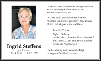 Traueranzeige von Ingrid Steffens von Wetterauer Zeitung