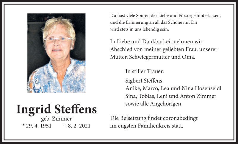  Traueranzeige für Ingrid Steffens vom 13.02.2021 aus Wetterauer Zeitung