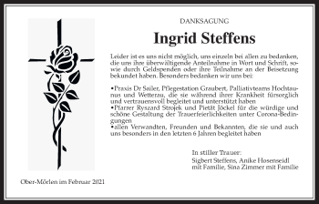Traueranzeige von Ingrid Steffens von Wetterauer Zeitung