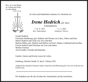 Traueranzeige von Irene Hedrich von Giessener Allgemeine, Alsfelder Allgemeine
