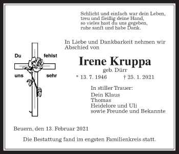 Traueranzeige von Irene Kruppa von Giessener Allgemeine, Alsfelder Allgemeine