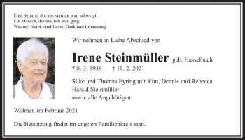 Traueranzeige von Irene Steinmüller von Giessener Allgemeine, Alsfelder Allgemeine