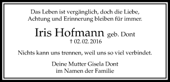 Traueranzeige von Iris Hofmann von Bad Vilbel/Karben