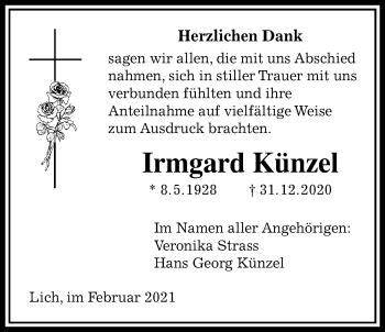 Traueranzeige von Irmgard Künzel von Licher Wochenblatt