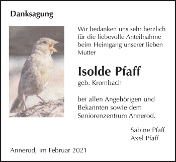 Traueranzeige von Isolde Pfaff von Giessener Allgemeine, Alsfelder Allgemeine