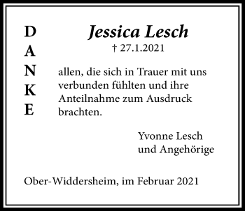 Traueranzeige von Jessica Lesch von Licher Wochenblatt