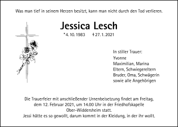Traueranzeige von Jessica Lesch von Licher Wochenblatt