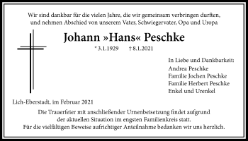 Traueranzeige von Johann Peschke von Licher Wochenblatt