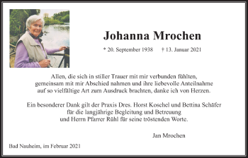 Traueranzeige von Johanna Mrochen von Wetterauer Zeitung