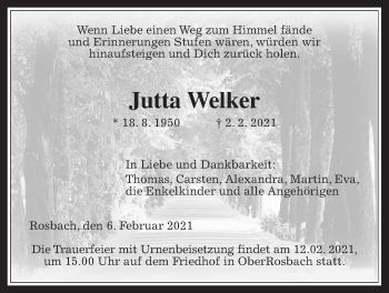 Traueranzeige von Jutta Welker von Wetterauer Zeitung