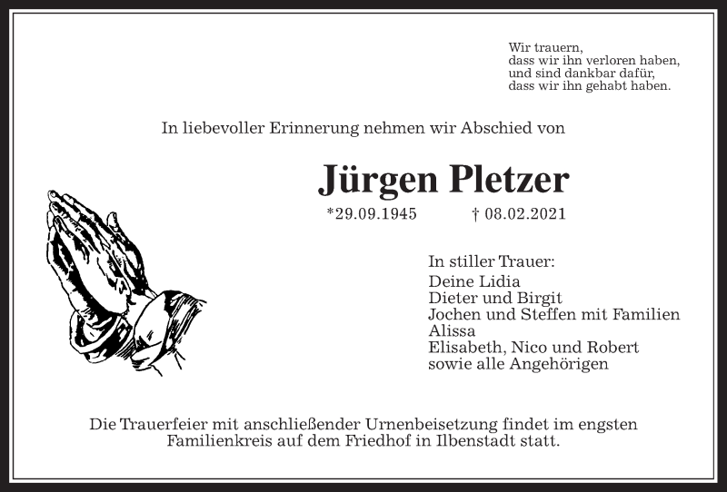  Traueranzeige für Jürgen Pletzer vom 13.02.2021 aus Wetterauer Zeitung