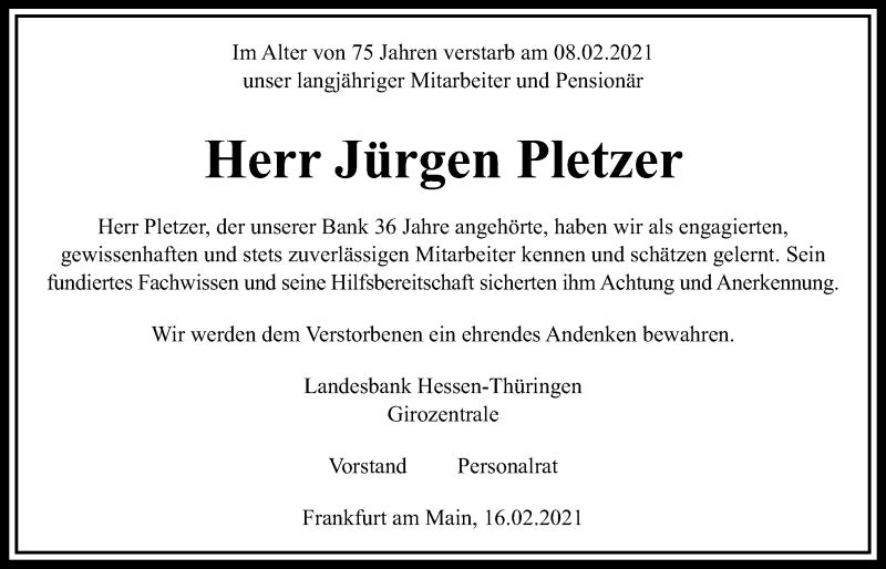  Traueranzeige für Jürgen Pletzer vom 20.02.2021 aus Wetterauer Zeitung