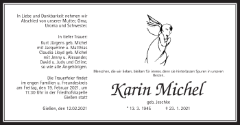 Traueranzeige von Karin Michel von Giessener Allgemeine, Alsfelder Allgemeine
