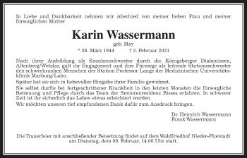 Traueranzeige von Karin Wassermann von Wetterauer Zeitung